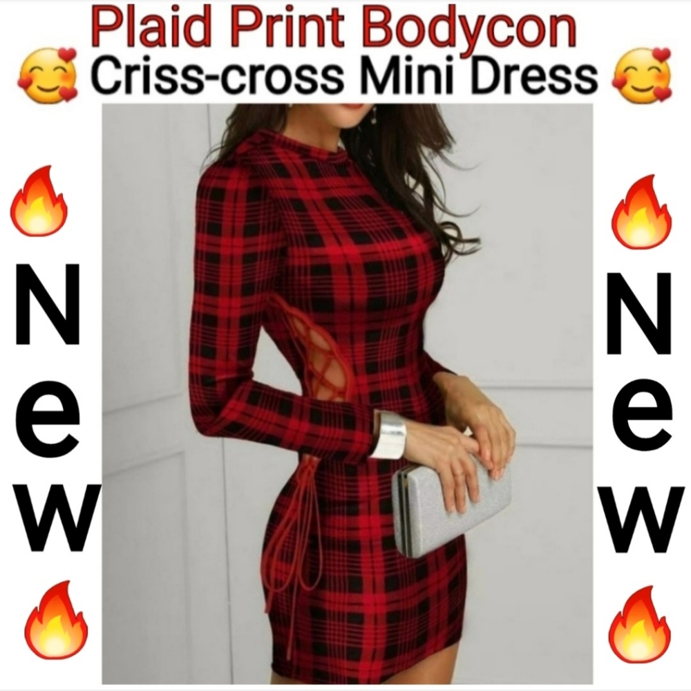 Plaid Print Bodycon Crisscross Mini Women's Dress, Size L